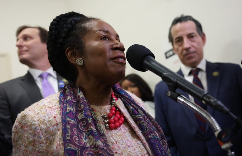 WASHINGTON, DC - DECEMBER 13: U.S. Rep. Sheila Jackson Lee (D-TX) speaks to reporters as she is joined by fellow House Democrats in the Rayburn House Office Building on December 13, 2023 in Washington, DC. U.S. President Joe Biden’s son Hunter Biden defied a subpoena from Congress to testify behind closed doors ahead of a House vote on an impeachment inquiry against his father. (