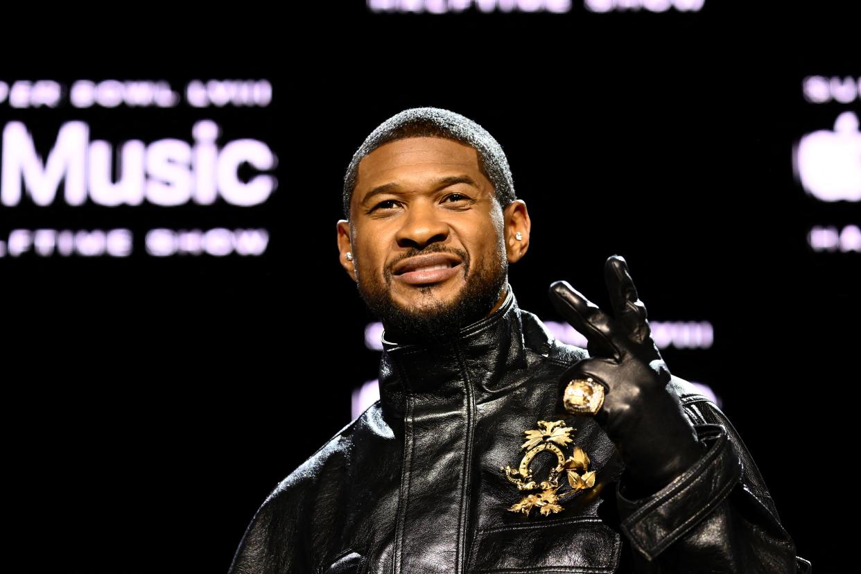 Halftime show performer Usher at a press conference ahead of Super Bowl LVIII in Las Vegas.