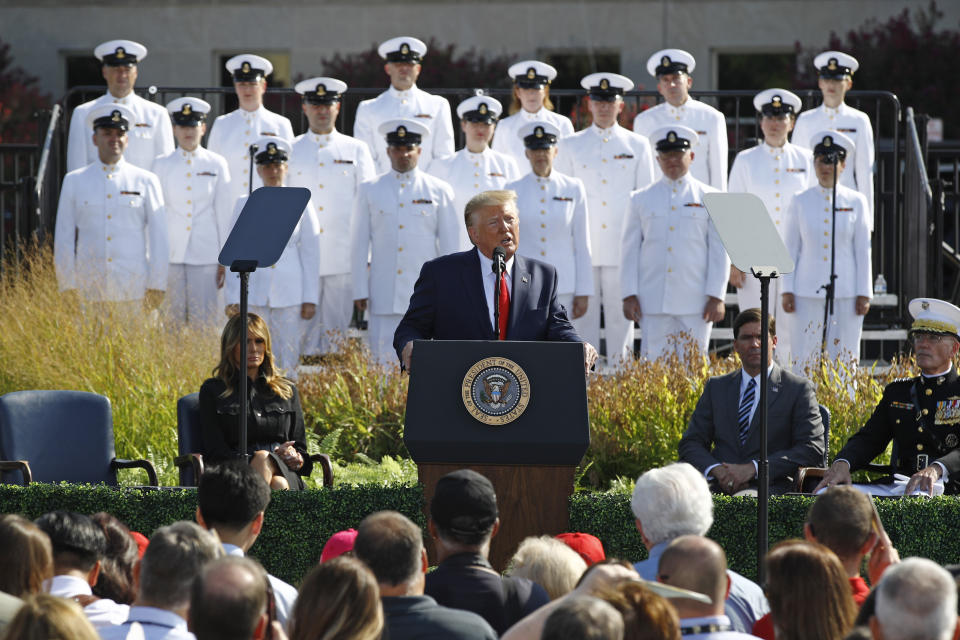 President Donald Trump speaks during a ceremony in observance of the 18th anniversary of the September 11th attacks at the Pentagon in Washington, Wednesday, Sept. 11, 2019. (AP Photo/Patrick Semansky)