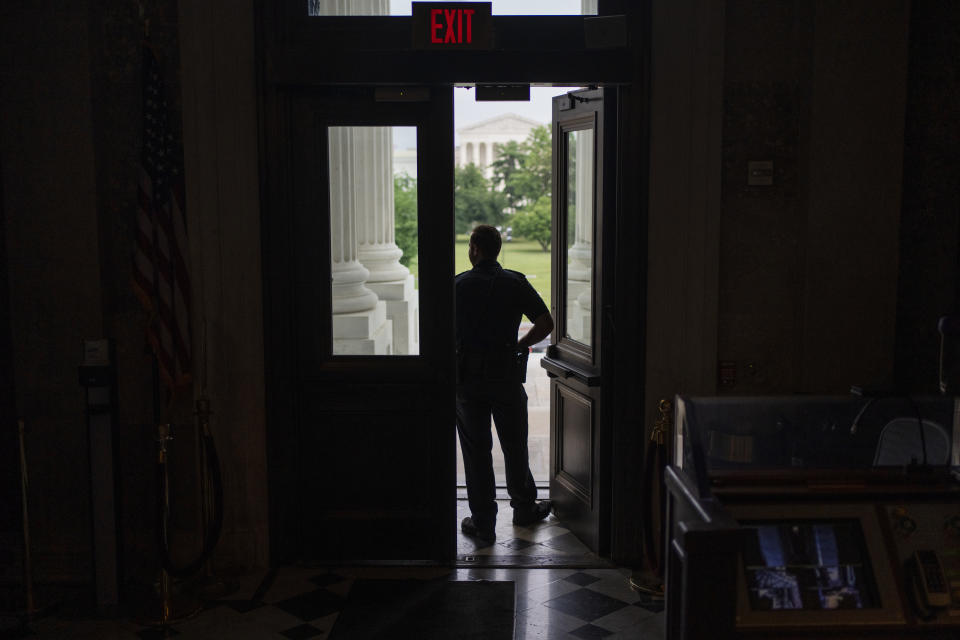 A Capitol Police officer standing in a doorway on the Senate side of the Capitol building.