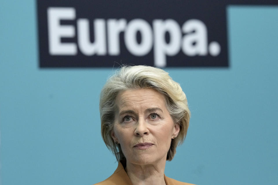 Ursula von der Leyen, President of the European Commission, listens to the media during a press conference after a board meeting of the Christian Democratic Union (CDU) in Berlin, Germany, Monday, Feb. 19, 2024. Ursula von der Leyen announced her intention to run for a second term as EU commission president. (AP Photo/Markus Schreiber)