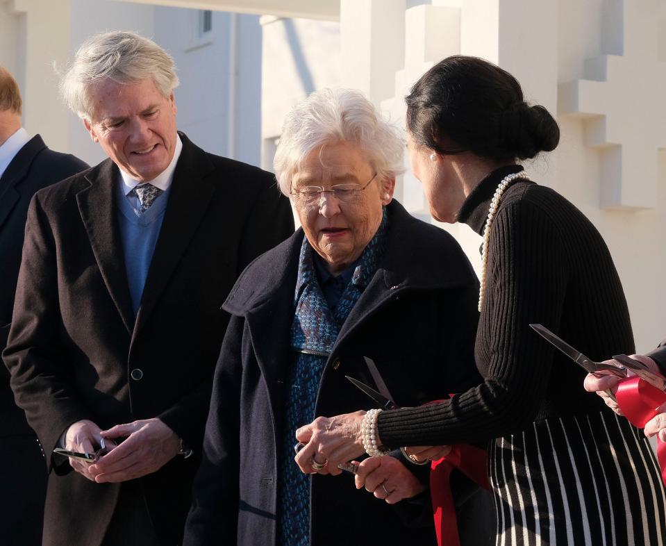 Jan 19, 2024; Tuscaloosa, AL, USA; The University of Alabama officially opened the Catherine and Pettus Randall Welcome Center in the historic Bryce Main building Friday. Governor Kay Ivey, a long-time friend of Cathy Randall’s, was on hand to celebrate the opening.