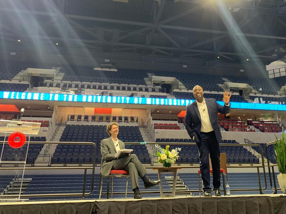 Steven Skultety and Sen. Tim Scott discuss the state of democracy and faith in America on Oct. 27 in the Pavilion at the University of Mississippi.