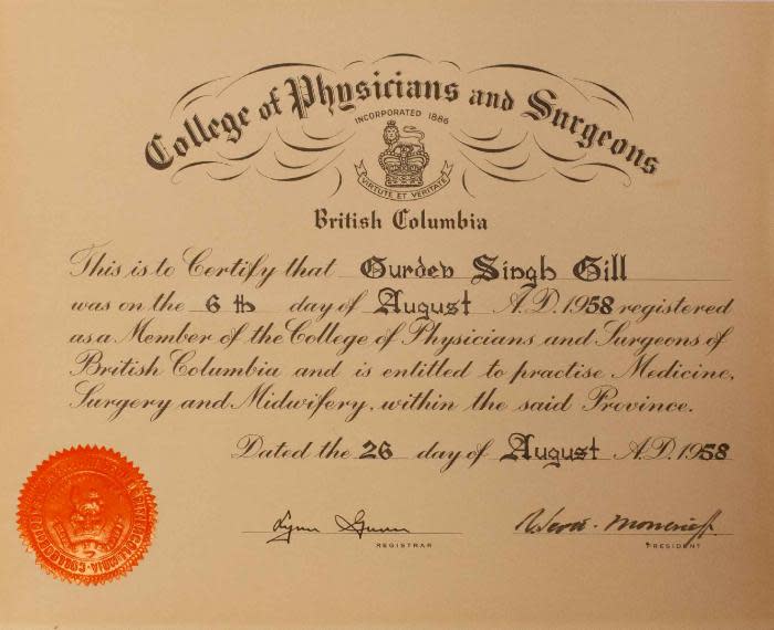 Dr. Gurdev Singh Gill's medical certificate from the College of Physicians and Surgeons of B.C. in 1958, when he became the first South Asian doctor in Canada.