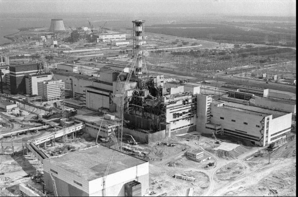 The Chernobyl nuclear plant showing damage from an explosion and fire in reactor four in 1986 (AP)