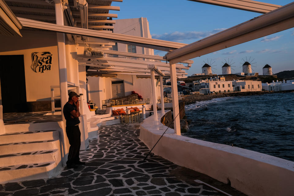 MYKONOS, GREECE - MAY 25: The sunset scene in the Little Venice neighborhood on May 25, 2020 in Mykonos, Greece. After months of being on lockdown due to the coronavirus, Greece will begin to ease travel restrictions on movement between the mainland and the countrys islands. (Photo by Byron Smith/Getty Images)