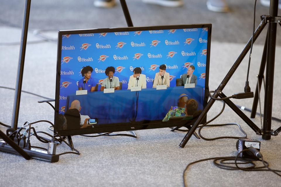 Oklahoma City Thunder draft picks Jaylin Williams, left,  Jalen Williams, Ousmane Dieng, and Chet Holmgren with Thunder general manager Sam Presti speak to the media during a press conference in Oklahoma City, Saturday, June 25, 2022.