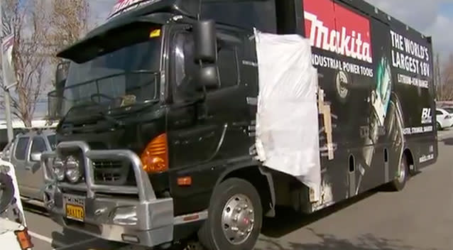 Police tape up the Makita truck to investigate the incident further. Source: 7 News