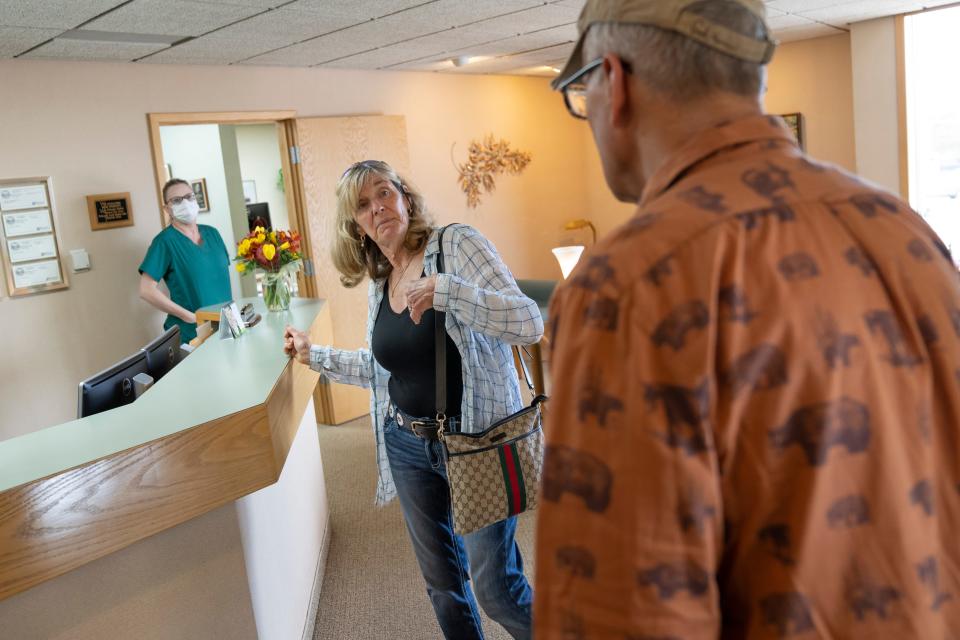 Suzi Hanna tries to convince her husband, Jack, to join her in the dentist office in Kalispell, Montana on May 3. Just to get him in the door, Suzi had to tell him that it was her own appointment, when in reality it was a follow-up to an appointment that Jack had a week earlier to start repair on a crown and cavity.