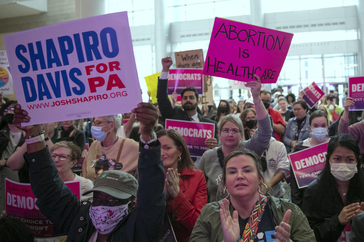 A crowd cheers during a rally held by Pennsylvania Democrats at the Pennsylvania Convention Center.
