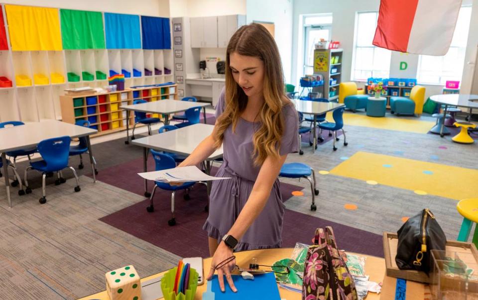 Maggie Rabil, a first grade teacher at Barton Pond Elementary School, sets up her classroom on the first teacher work day on Wednesday, August 17, 2022 in Raleigh, N.C.