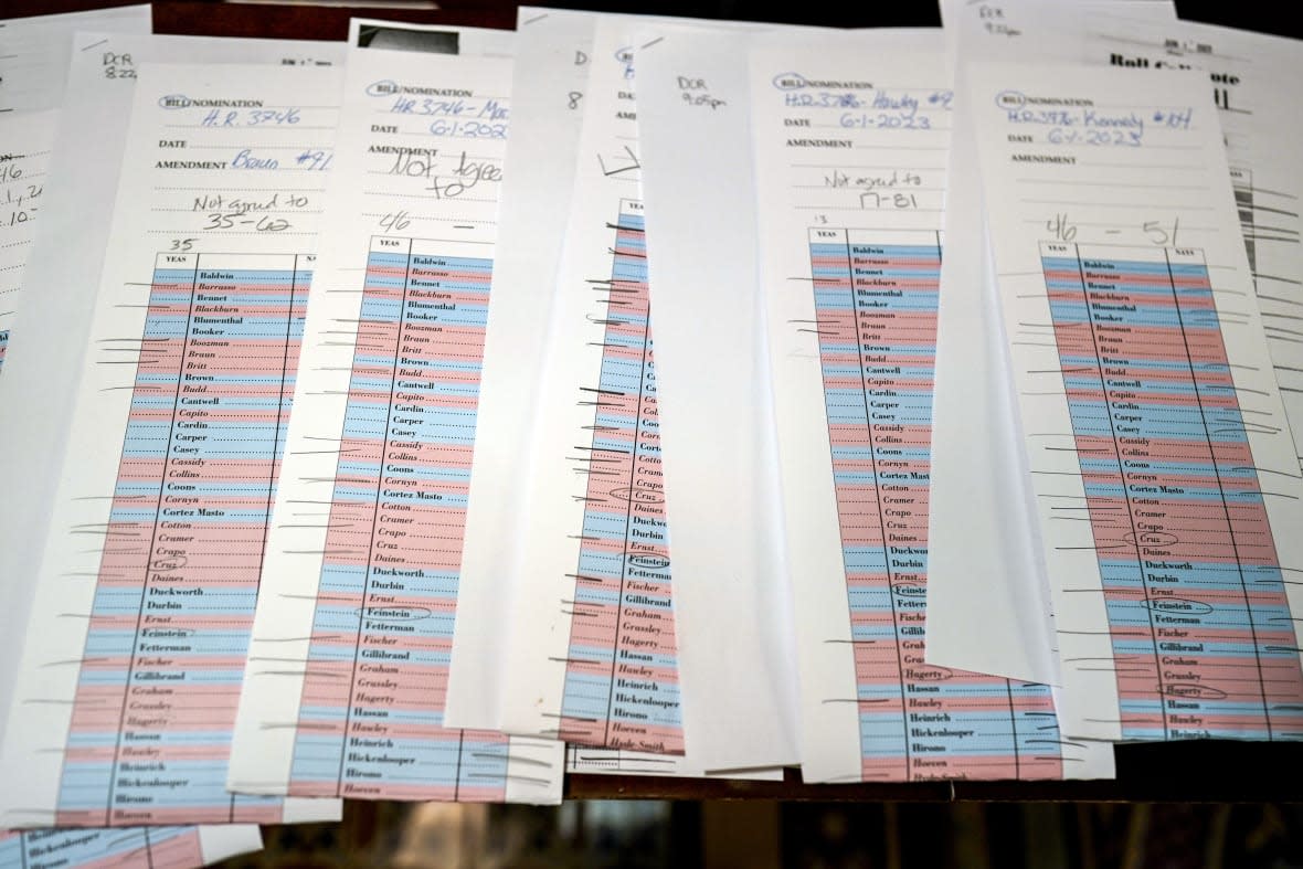 Voting tally sheets are seen in the press gallery after a hectic series of amendment votes and final passage on the big debt ceiling and budget cuts package, at the Capitol in Washington, Thursday, June 1, 2023. The legislation now goes to President Joe Biden’s desk to become law before the fast-approaching default deadline. (AP Photo/J. Scott Applewhite)