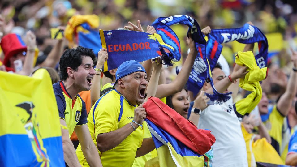 Fans celebrate after a goal by Alan Minda of Ecuador against Jamaica in the second half the Group B match at Allegiant Stadium on June 26 in Las Vegas. - Ethan Miller/Getty Images