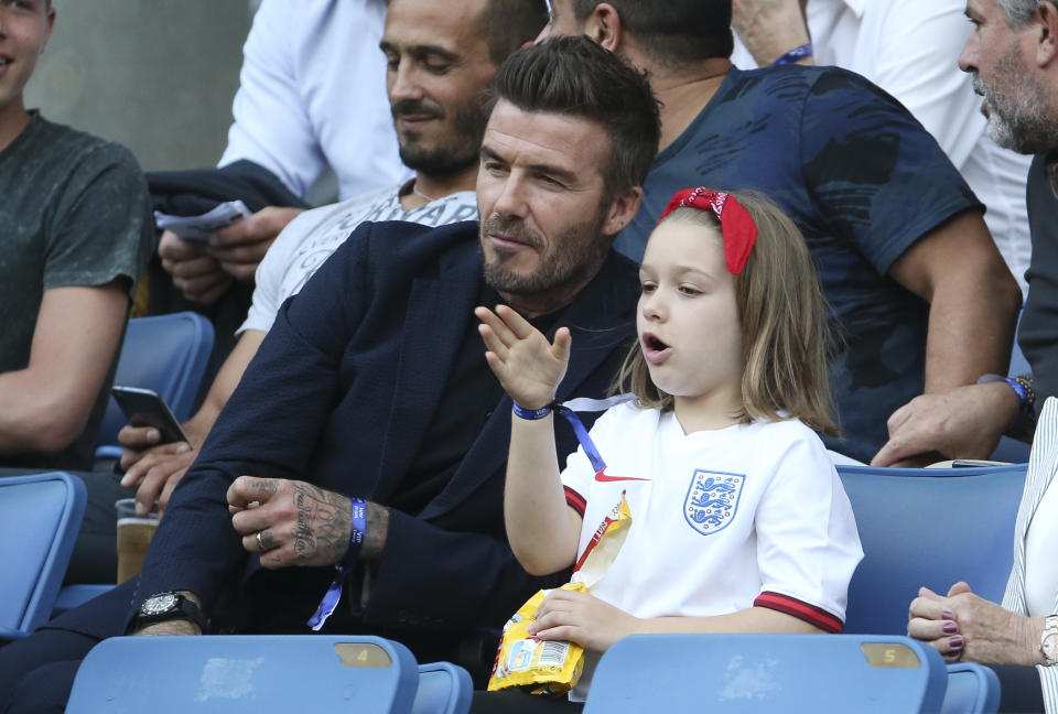 LE HAVRE, FRANCE - JUNE 27: David Beckham and daughter Harper Seven Beckham attend the 2019 FIFA Women's World Cup France Quarter Final match between Norway and England at Stade Oceane on June 27, 2019 in Le Havre, France. (Photo by Jean Catuffe/Getty Images)