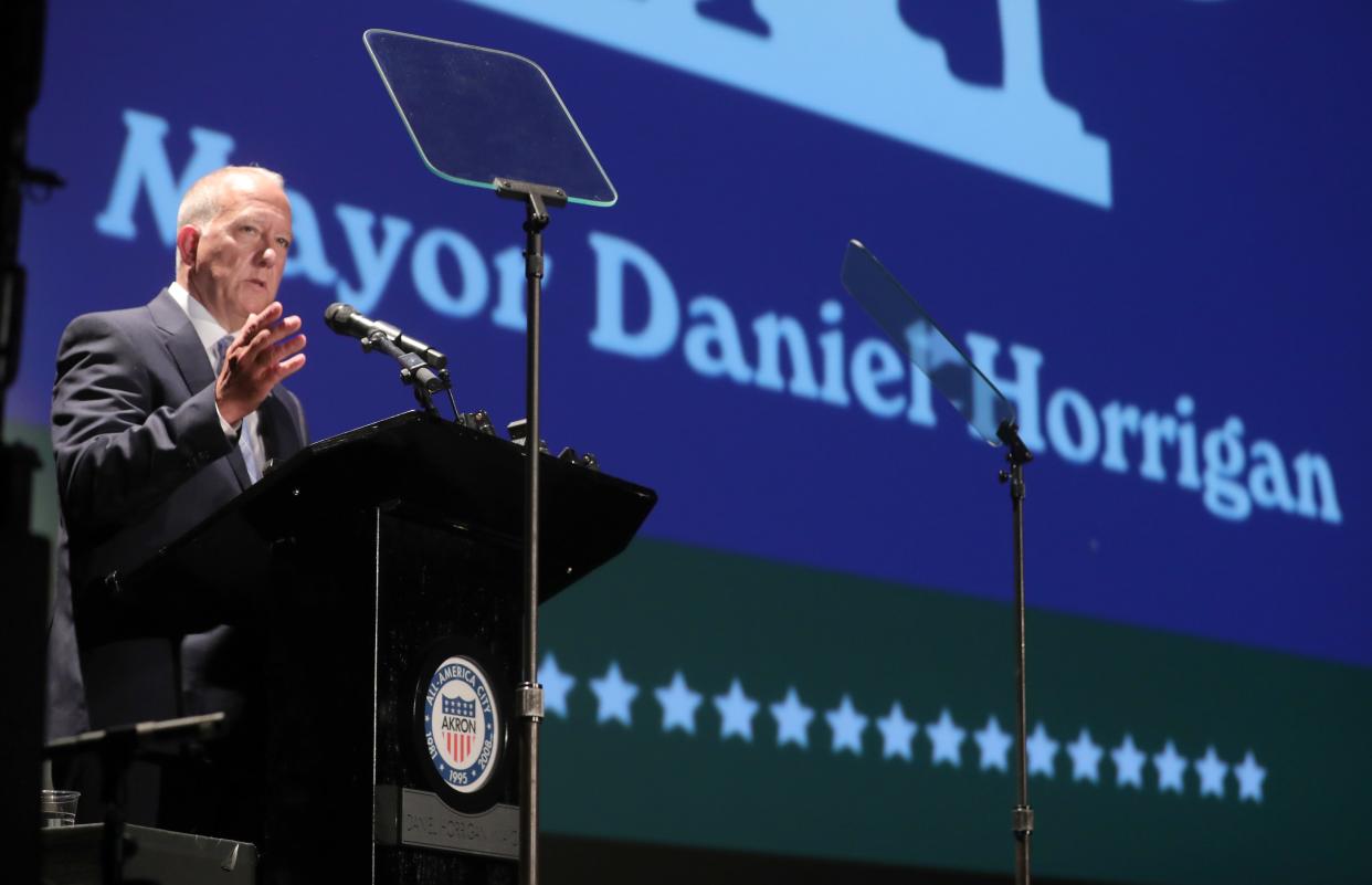 Akron Mayor Dan Horrigan delivers his 2021 state of the city address to a large gathering at the Akron Civic Theatre on Monday, August 9, 2021 in Akron, Ohio.  [Phil Masturzo/ Beacon Journal] 