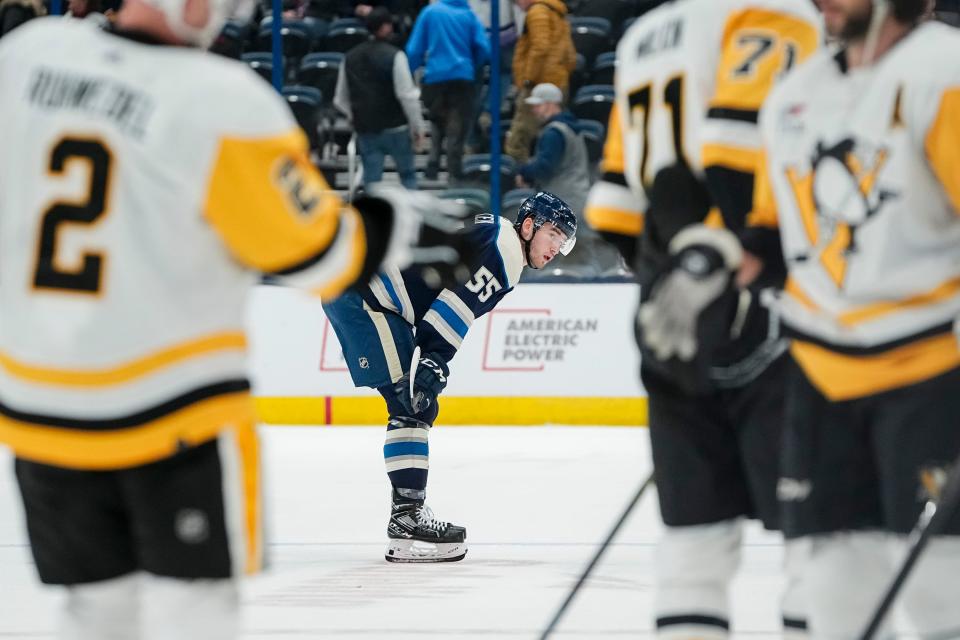 Nov 14, 2023; Columbus, Ohio, USA; Columbus Blue Jackets defenseman David Jiricek (55) skates off the ice following the 5-3 loss to the Pittsburgh Penguins in the NHL hockey game at Nationwide Arena.