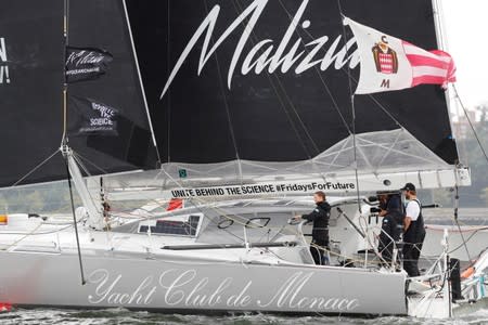 The Malizia II racing yacht carrying Swedish 16-year-old activist Greta Thunberg sails through New York Harbor