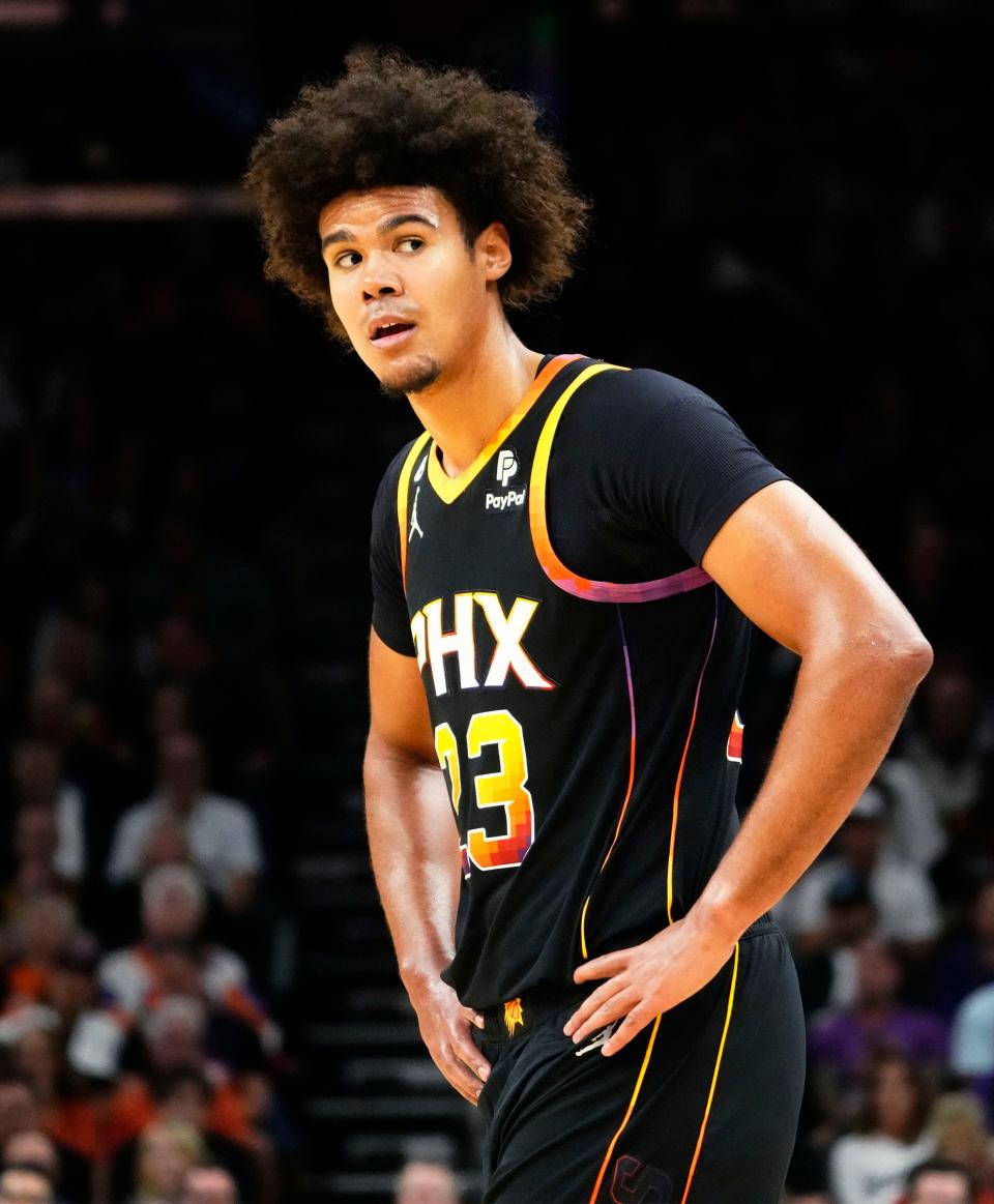 Oct 19, 2022; Phoenix, AZ, USA; Phoenix Suns forward Cameron Johnson (23) against the Dallas Mavericks in the second half during the season opener at Footprint Center. Mandatory Credit: Rob Schumacher-Arizona Republic