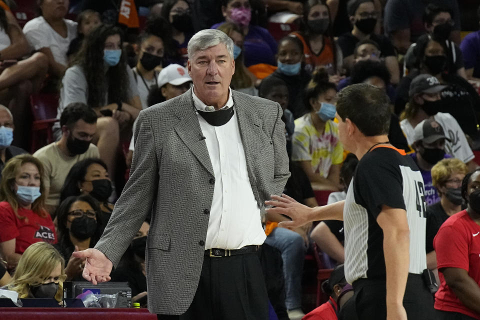 Las Vegas Aces head coach Bill Laimbeer talks to an official during the first half of a WNBA basketball game against the Phoenix Mercury, Sunday, Oct. 3, 2021, in Phoenix. (AP Photo/Rick Scuteri)