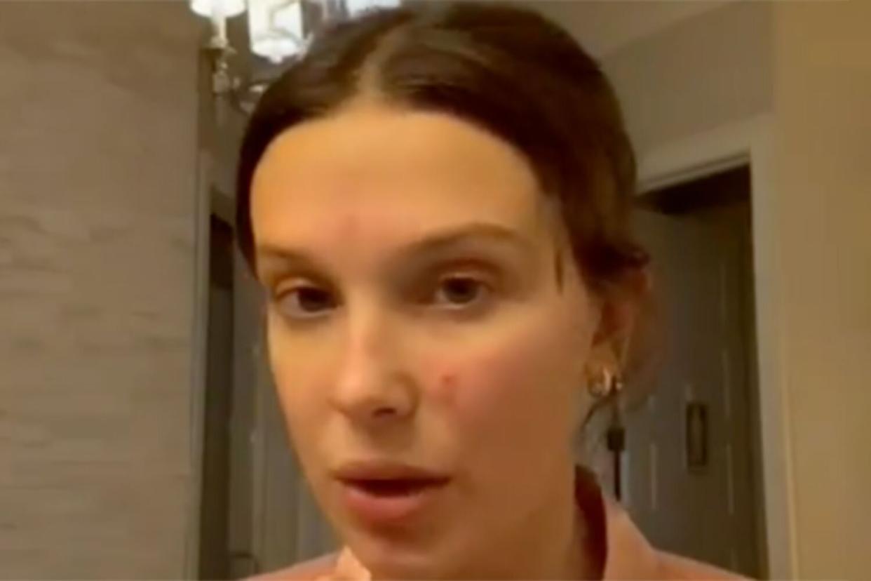 https://www.instagram.com/reel/CpWYdOGAKm4/ hed: Millie Bobby Brown Shares Makeup-Free Video to Show How She Handles Pimples: ‘Having a Pretty Rough Night’