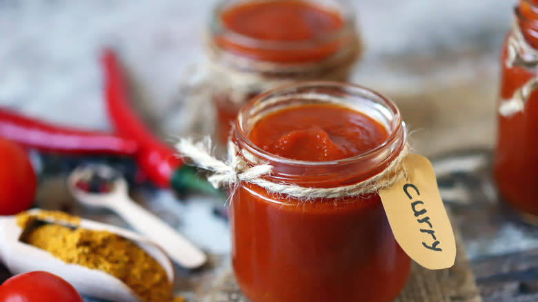 Red curry paste in a jar with label