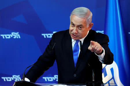 Israel's Prime Minister Benjamin Netanyahu gestures as he speaks during a news conference in Jerusalem April 1, 2019. REUTERS/Ronen Zvulun/Files