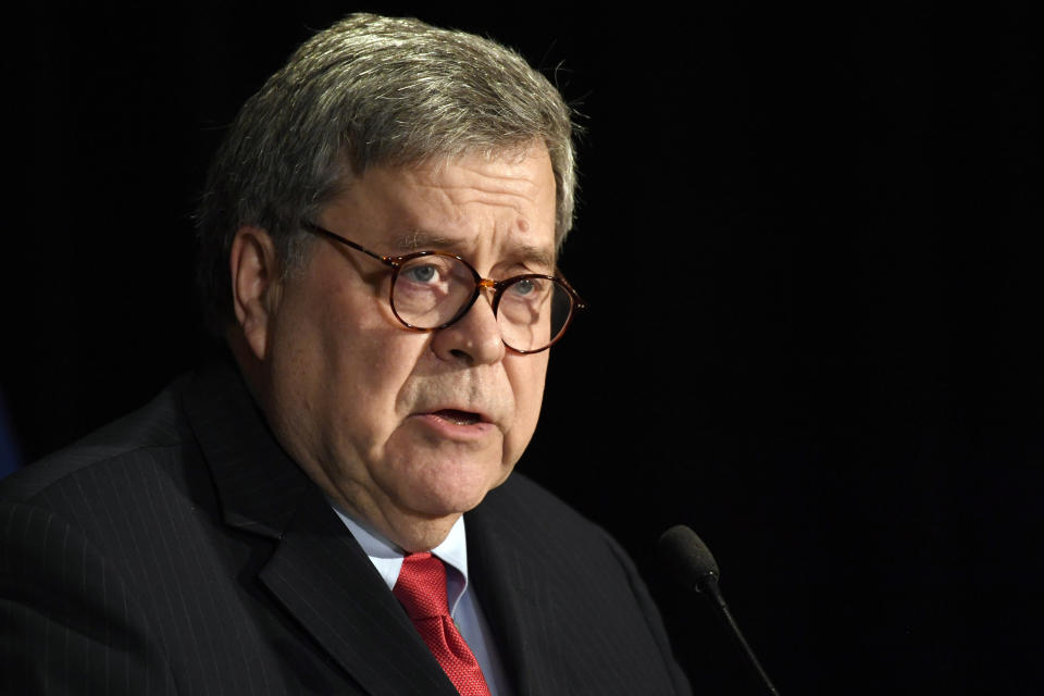 FILE - In this Feb. 10, 2020, file photo Attorney General William Barr speaks at the National Sheriffs' Association Winter Legislative and Technology Conference in Washington. Barr vowed in an interview with The Associated Press Tuesday, March 17, that there would be swift and severe action if a foreign government is behind disinformation campaigns aimed at spreading fear in the U.S. amid the coronavirus pandemic or a denial of service attack on the networks of the Department of Health and Human Services. (AP Photo/Susan Walsh, File)