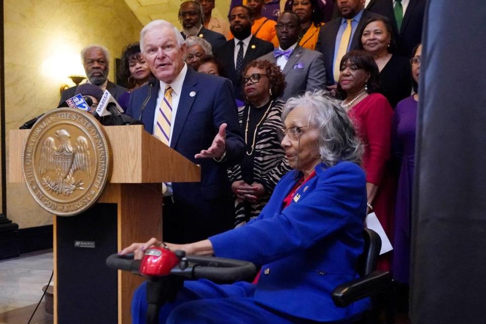 Former Mississippi State Rep. Alyce Clarke, D-Jackson, right, listens to comments offered by House of Representatives Speaker Pro Tempore Manly Barton, R-Moss Point, at the ceremony where Clarke’s official portrait was unveiled at the Mississippi State Capitol. Rogelio V. Solis/AP