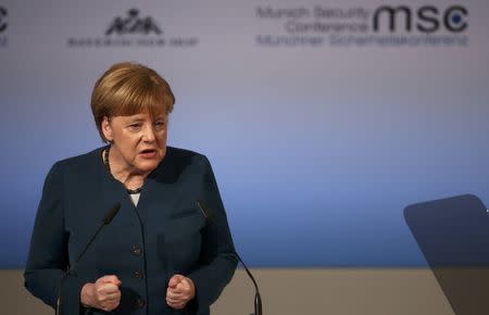 German Chancellor Angela Merkel delivers her speech during the 53rd Munich Security Conference in Munich, Germany, February 18, 2017. REUTERS/Michael Dalder