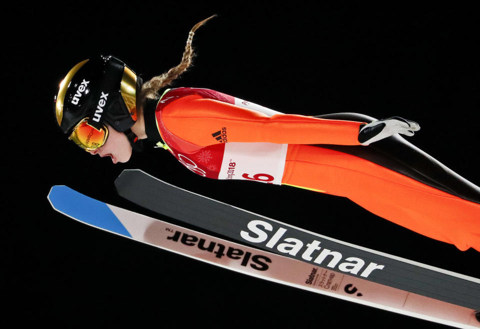 <p>Nika Kriznar, of Slovenia, soars through the air during the women’s normal hill individual ski jumping competition at the 2018 Winter Olympics in Pyeongchang, South Korea, Monday, Feb. 12, 2018. (AP Photo/Matthias Schrader) </p>