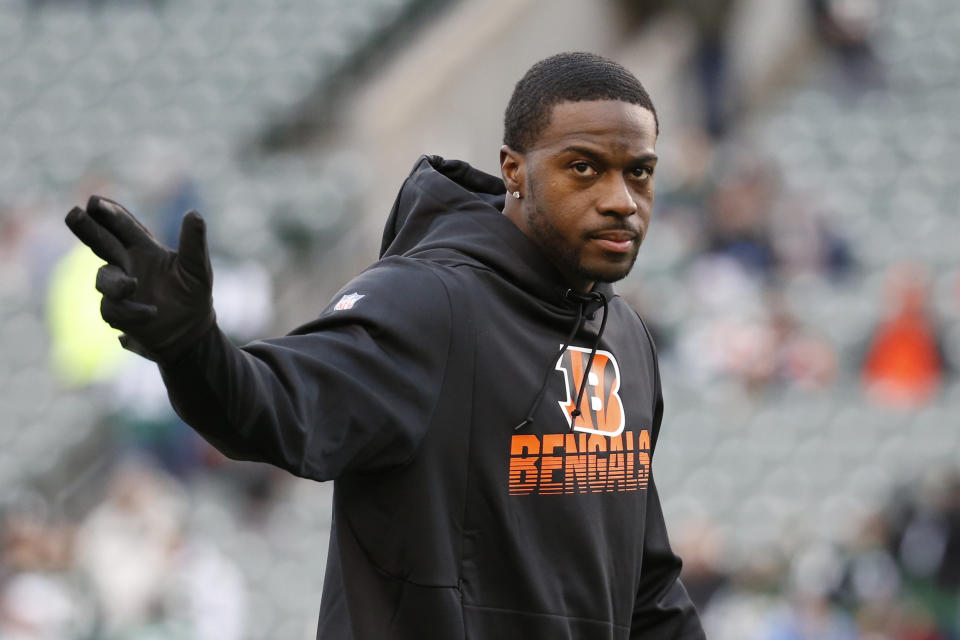 FILE - In this Dec. 1, 2019, file photo, Cincinnati Bengals wide receiver A.J. Green practices before an NFL football game against the New York Jets in Cincinnati. The Bengals used their franchise tag on A.J. Green, giving them time to try to work out a long-term deal with the star who is one of the most accomplished receivers in franchise history and would be a vital part of breaking in a new quarterback.(AP Photo/Frank Victores, File)