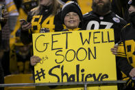 <p>A young Steelers fan holds a sign supporting Pittsburgh Steelers Linebacker Ryan Shazier (50) during the game between the Baltimore Ravens and the Pittsburgh Steelers on December 10, 2017 at Heinz Field in Pittsburgh, Pa. (Photo by Mark Alberti/ Icon Sportswire) </p>