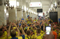 <p>Sweden fans take over a Metro station near the Nizhny Novgorod Stadium before kick off. (Reuters) </p>