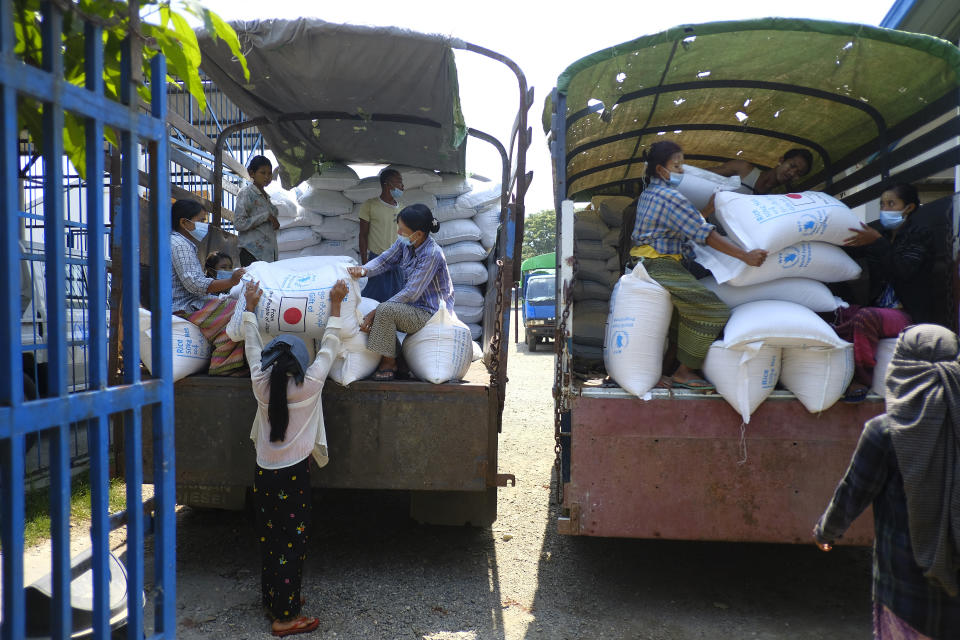 This image provided by World Food Programme shows relief food commodities being stockpiled at WFP warehouses in Rakhine State. Authorities in Bangladesh and Myanmar prepared to evacuate hundreds of thousands of people Friday, warning them to stay away from coastal areas as a severe cyclonic storm churned in the Bay of Bengal. Cyclone Mocha was moving toward the coasts of southeastern Bangladesh and Myanmar with wind speeds of up to 200 kilometers (125 miles) per hour and gusts up to 220 kph (136 mph), the Indian Meteorological Department said. It's projected to make landfall on Sunday evening in an area between between Cox’s Bazar in Bangladesh and Kyaukpyu in Myanmar. (World Food Programme via AP)