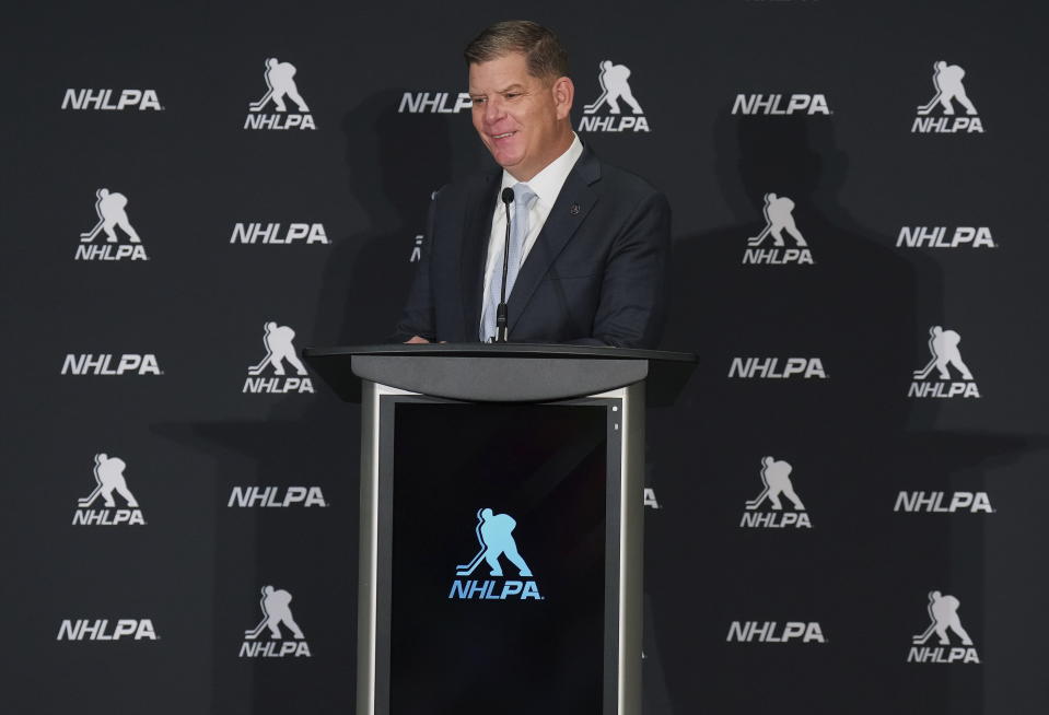 Former U.S. Secretary of Labor Martin Walsh, the new head of the NHL Players' Association, speaks at a hockey press conference in Toronto, Thursday, March 30, 2023. (Nathan Denette/The Canadian Press via AP)