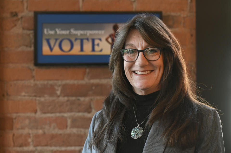 Macomb County Commissioner Veronica Klinefelt poses for a photo inside an office, Monday, Nov. 21, 2022, in Mt. Clemens, Mich. Democratic candidates for the Michigan House and Senate won a majority of votes this year. As a result, they won control of both chambers. Were it not for the new districts, Klinefelt, a Democrat, said she probably would not have run for the Senate. (AP Photo/Jose Juarez)