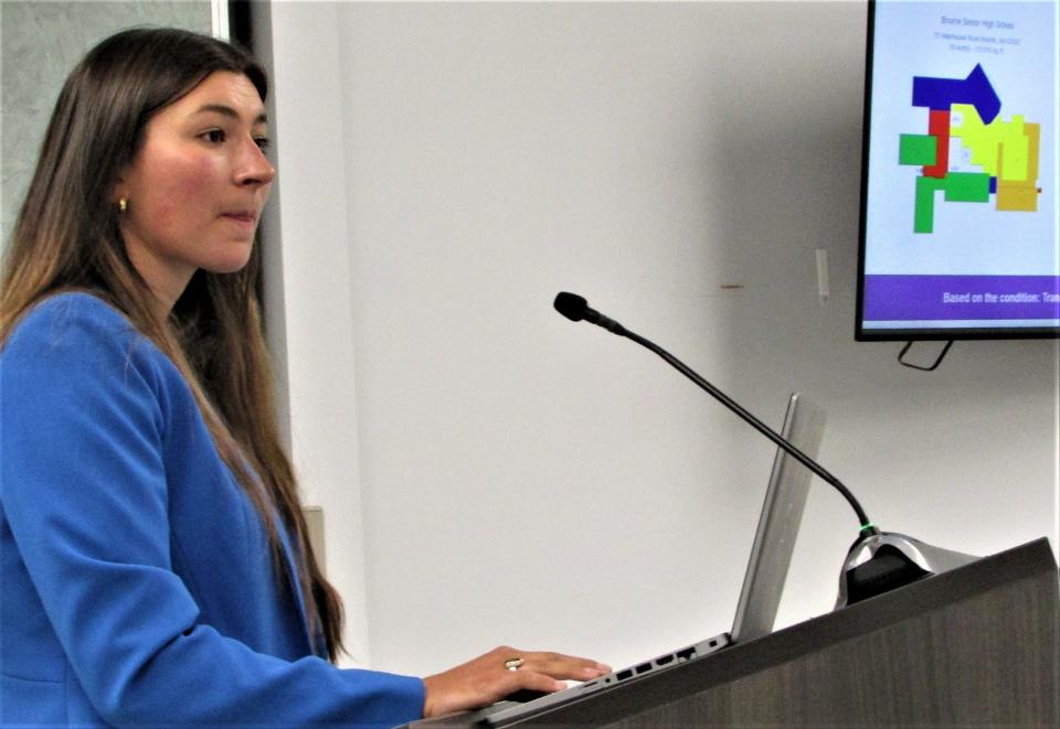 Trane Technologies Energy Services Account Manager Morgan Perras briefs the Bourne selectmen Tuesday about the firm's recommendations for making municipal and school buildings much more energy efficient.