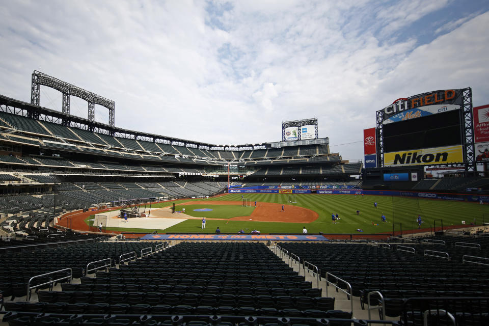 The New York Mets baseball team works out at Citi Field in New York, Friday, July 3, 2020. (AP Photo/Adam Hunger)