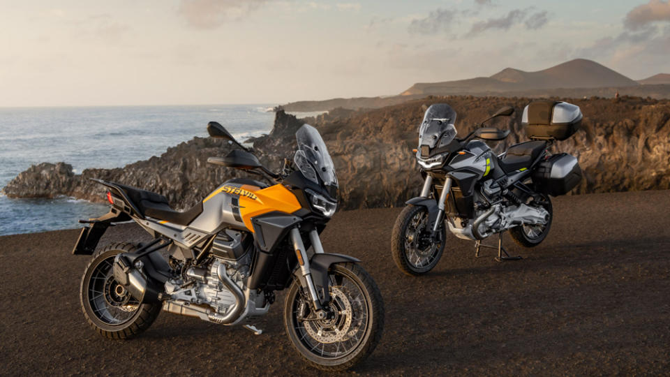 The 2024 Moto Guzzi Stelvio in Giallo Savana and Nero Vulcano colorways.