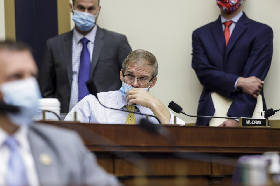 Rep. Jim Jordan, R-Ohio, listens during a House Judiciary subcommittee hearing on antitrust on Capitol Hill on Wednesday, July 29, 2020, in Washington. (Graeme Jennings/Pool via AP)