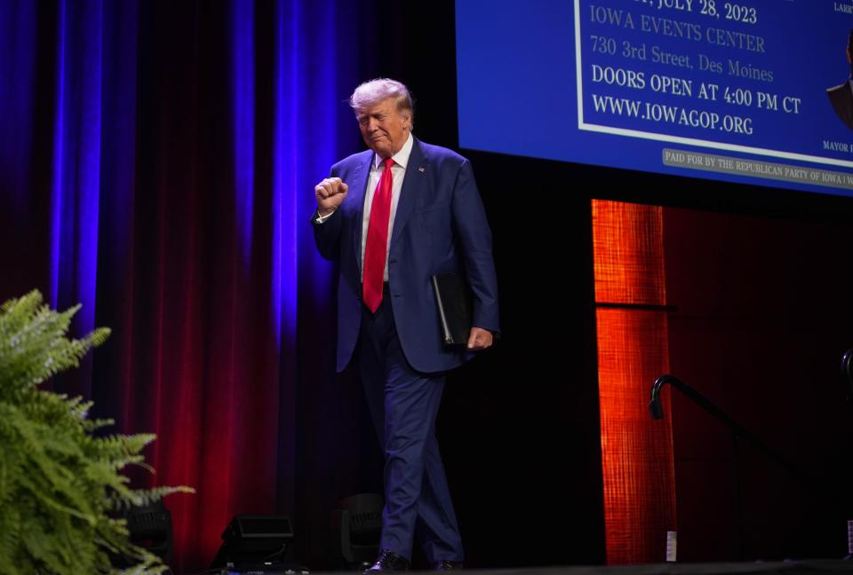 Former President Donald Trump speaks during the Lincoln Dinner on Friday, July 28, 2023, at the Iowa Events Center in Des Moines.