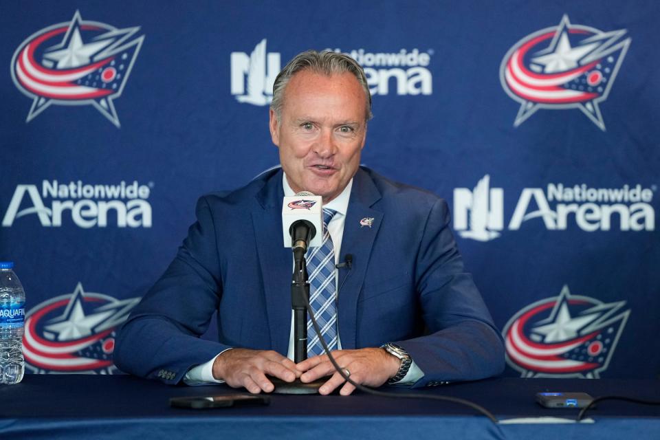 Jul 23, 2024; Columbus, OH, USA; Dean Evason is introduced as the new head coach of the Columbus Blue Jackets during a press conference with general manager Don Waddell at Nationwide Arena.