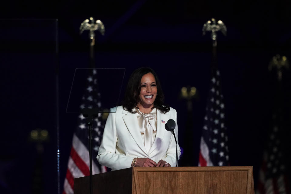 WILMINGTON, DE - NOVEMBER 7:   Vice President-elect Kamala D. Harris addresses supporters at party headquarters at the Chase Center on November 7, 2020 in Wilmington, Delaware. (Photo by Toni L. Sandys/The Washington Post via Getty Images)