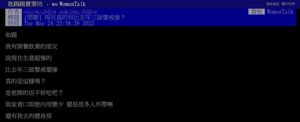 網友提問「現在真的有比去年三級警戒慘嗎？」。（圖／翻攝PTT女孩板）