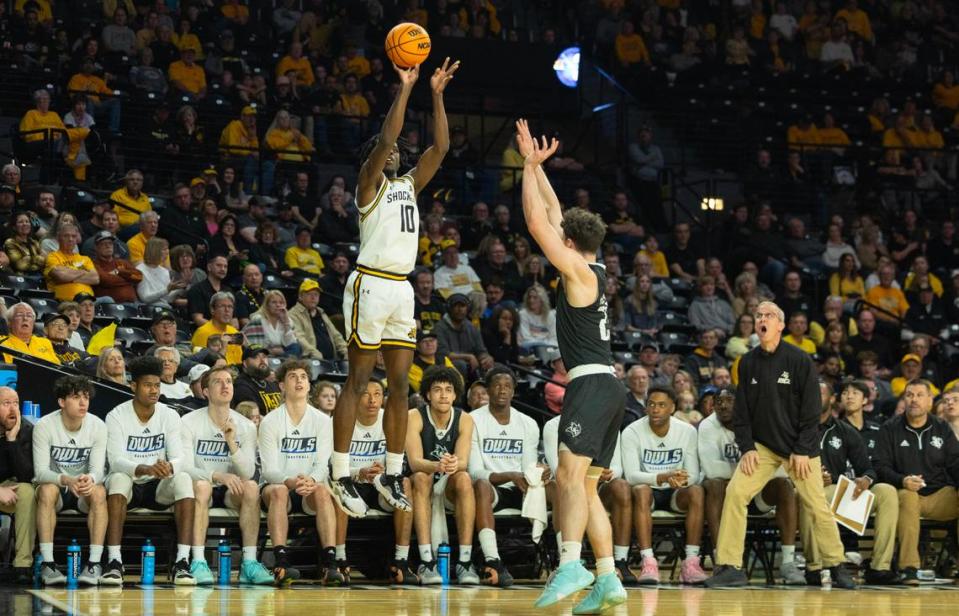 Wichita State’s Dalen Ridgnal hits a three-pointer during the first half against Rice on Saturday at Koch Arena.