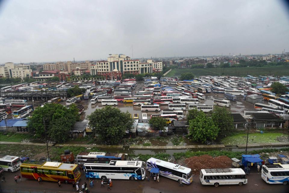 Buses parked at Mithapur stand during 'Bharat Bandh', a protest against the farm bills passed in Parliament recently, in Patna, Friday, Sept. 25, 2020. (PTI Photo)