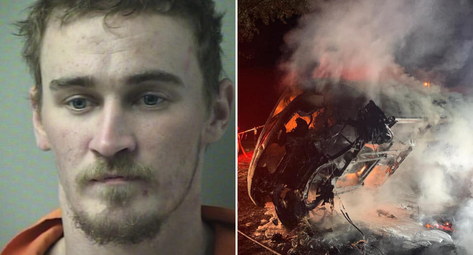 Kevin Robert Murphy, 28, is pictured alongside a car he's accused of torching.