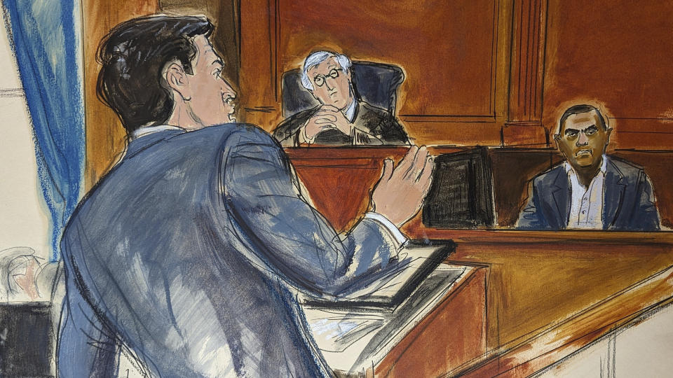 In this courtroom sketch, Robert Menendez's defense attorney Adam Fee, left, cross examines Jose Uribe, right seated on witness stand. Judge Sidney Stein is seated on the bench, in Manhattan federal court, Tuesday, June 11, 2024, in New York. (Elizabeth Williams via AP)