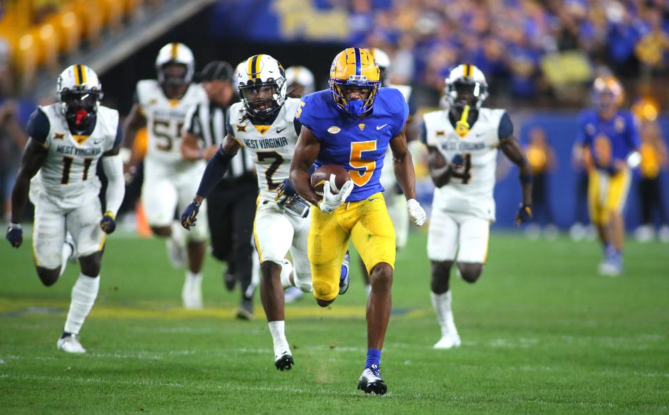 Jared Wayne (5) of the Pittsburgh Panthers sprints downfield after getting a breakaway during the second half of the Backyard Brawl against the West Virginia Mountaineers at Acrisure Stadium in Pittsburgh, PA on September 1, 2022. 