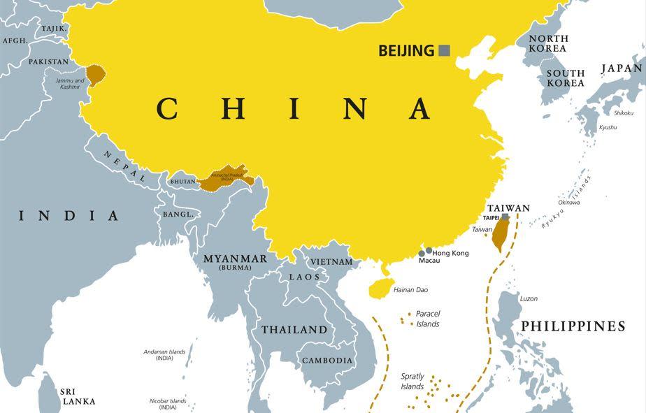 Mainland China and territory controlled by the Chinese government is show in yellow, while territory claimed by, but not controlled by Beijing, including Taiwan, is depicted in brown on this map. / Credit: Getty/iStock